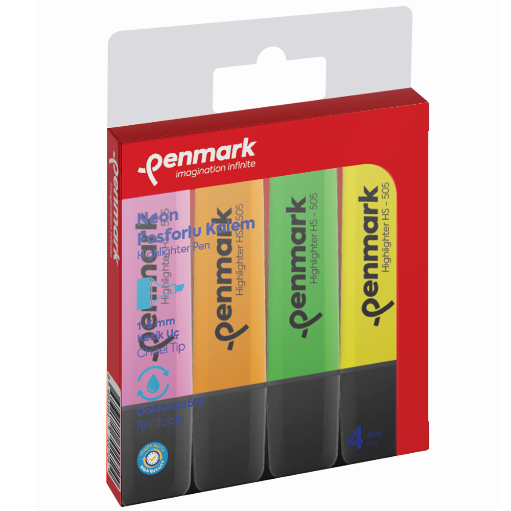 PENMARK--HS505 4N FOSFORLU KALEM 4 LÜ ASETAT KARISIK RENK NEON