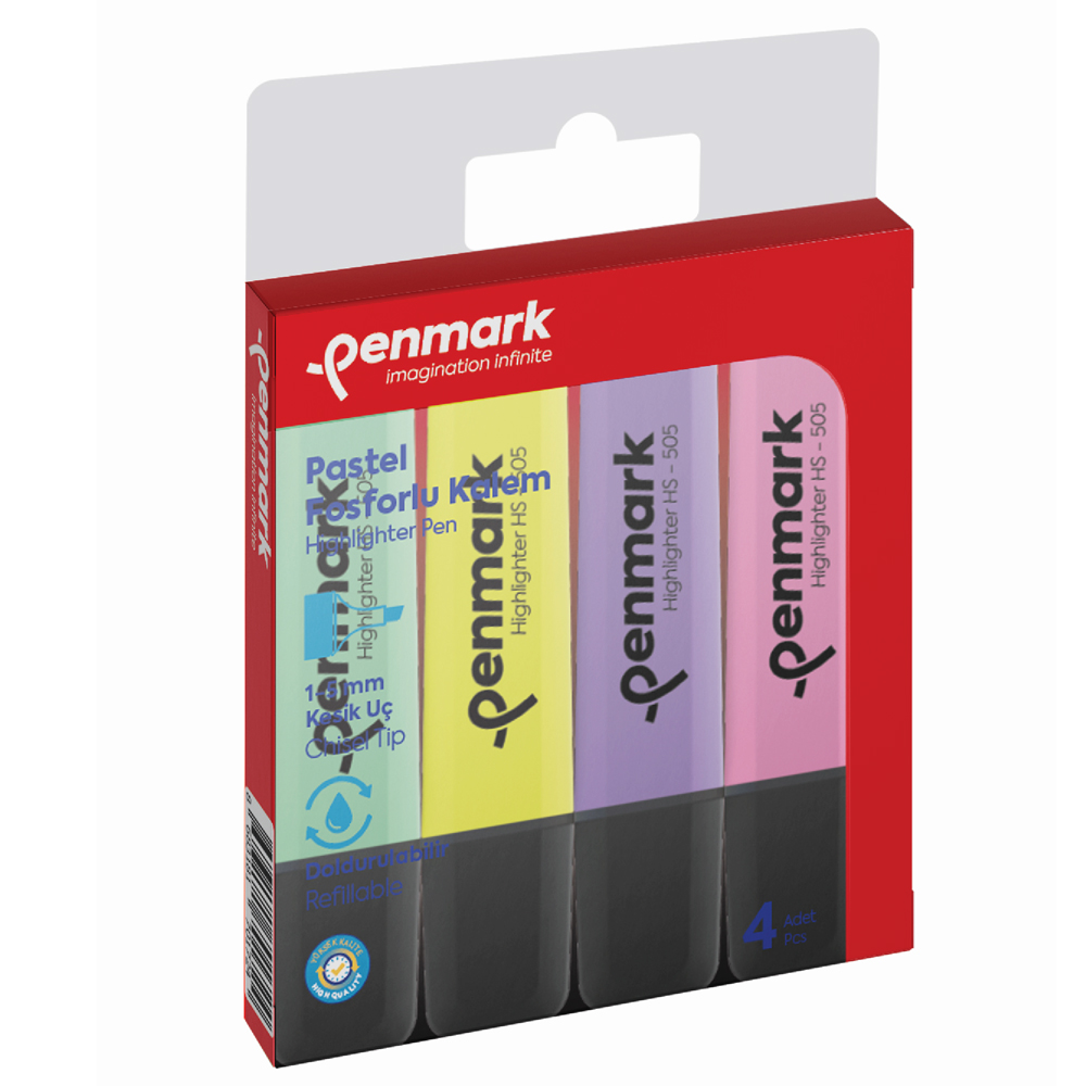 PENMARK--HS505 4P FOSFORLU KALEM 4 LÜ ASETAT KARISIK RENK PASTEL