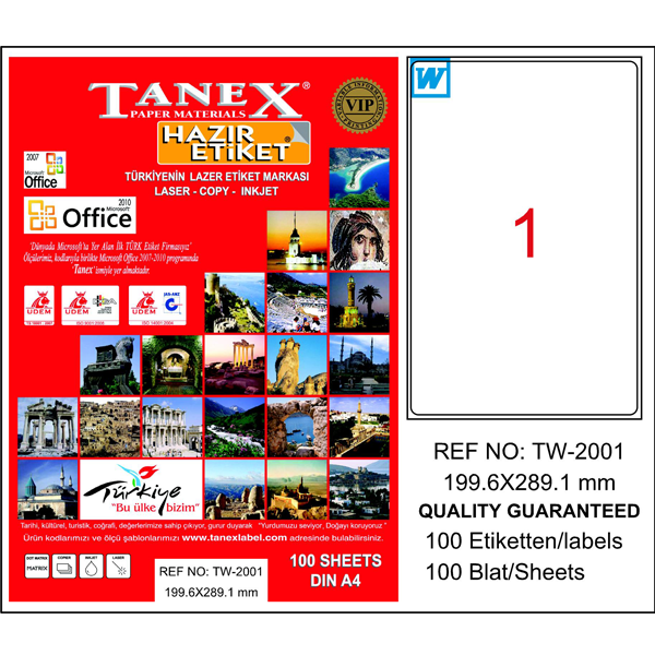 TANEX-TW2001 LAZER ETIKET 199,6X289,1 MM 100 LÜ