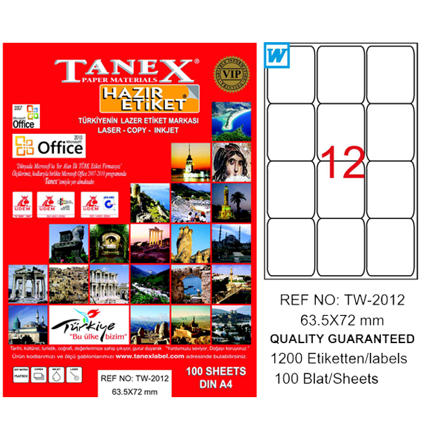 TANEX-TW2012 LAZER ETIKET 63,5X72 MM 100 LÜ