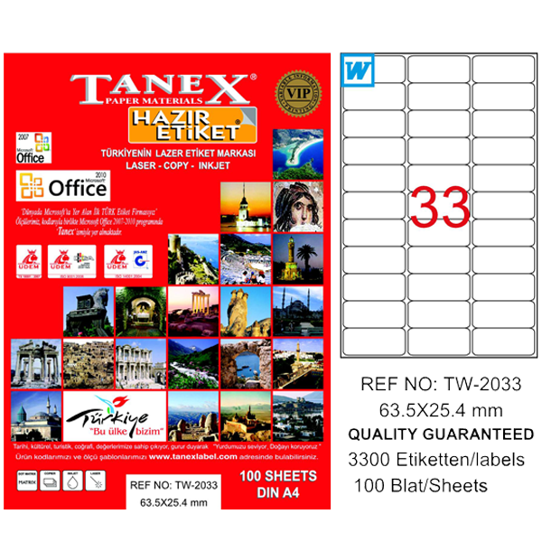 TANEX-TW2033 LAZER ETIKET 63,5X25,4 MM 100 LÜ