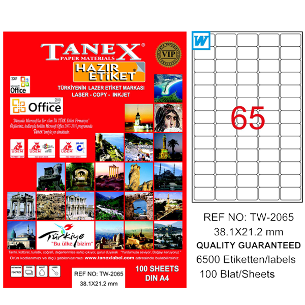 TANEX-TW2065 LAZER ETIKET 38,1X21,2 MM 100 LÜ