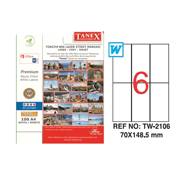 TANEX-TW2106 LAZER ETIKET 70X148,5 MM 100 LÜ