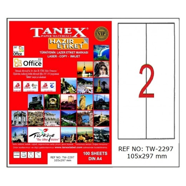 TANEX-TW2297 LAZER ETIKET 105X297 MM 100 LÜ