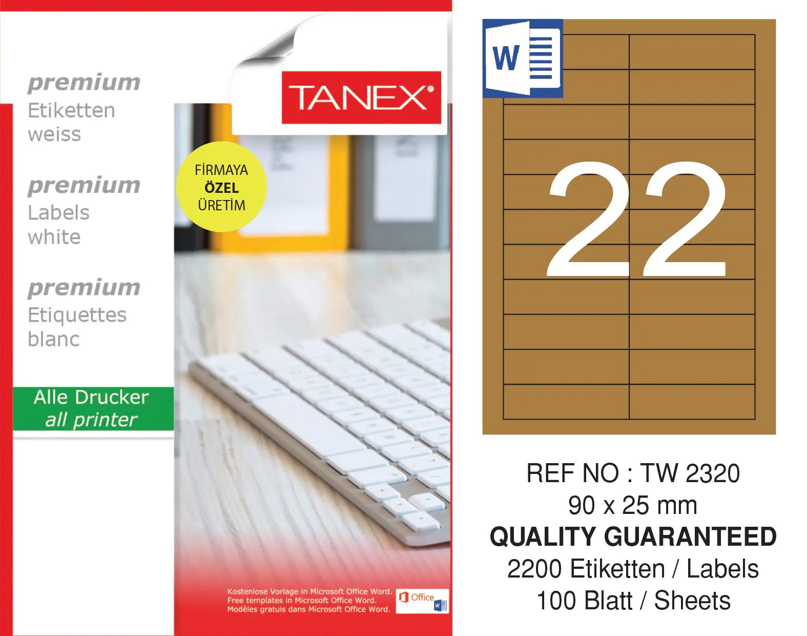 TANEX-TW2320 LAZER ETIKET 90X25 MM 100 LÜ