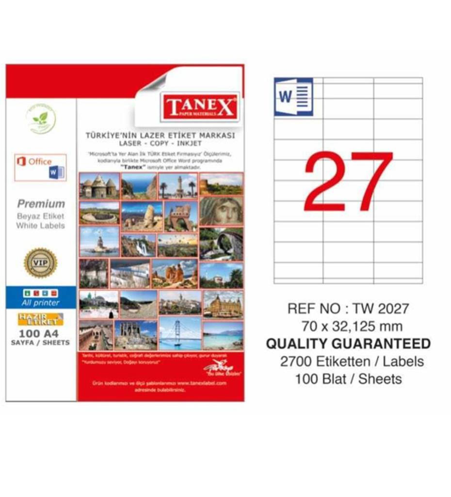 TANEX-TW2027 LAZER ETIKET 70X32,125 MM 100 LÜ