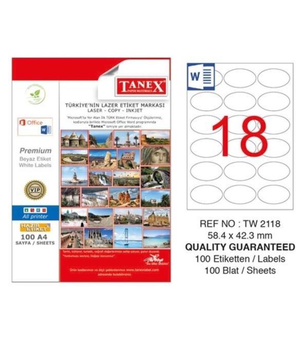 TANEX-TW2118 LAZER ETIKET 58,4X42,3 MM 100 LÜ